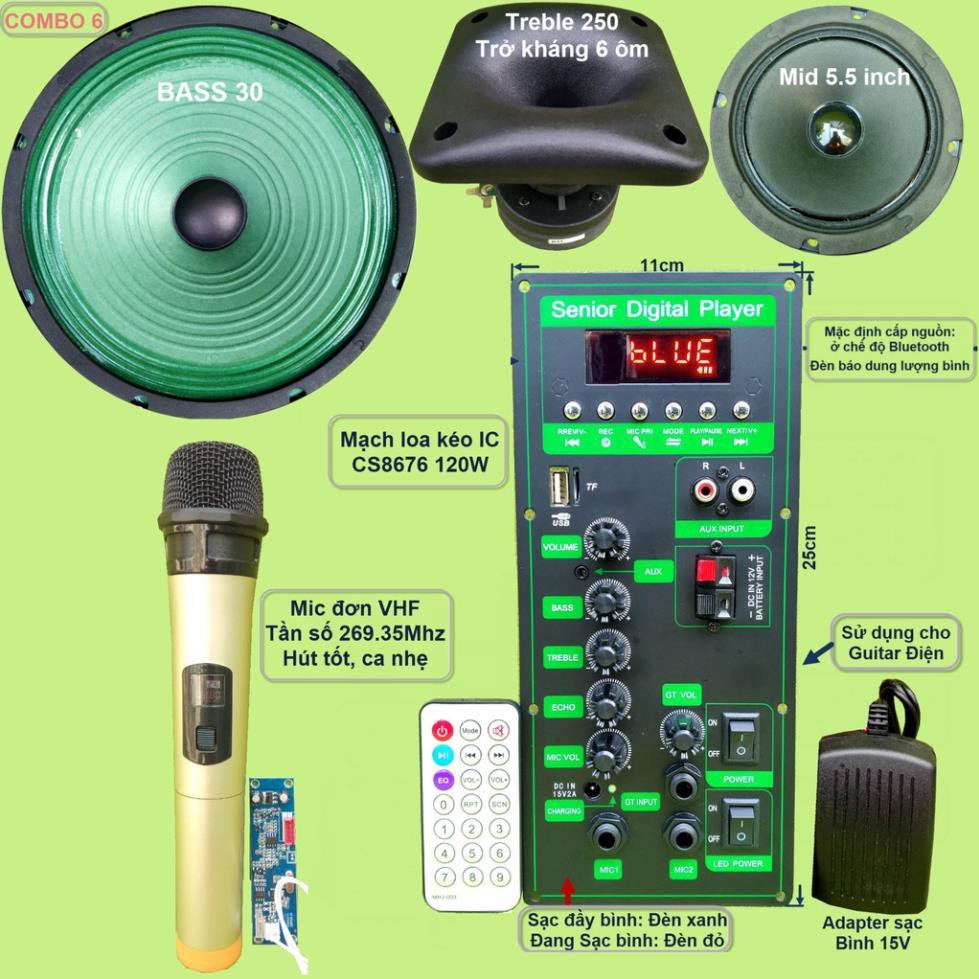 Mạch loa kéo 3 tấc đơn 3 đường tiếng CS8676 công suất 120W kèm Bass 3 tấc màng xanh