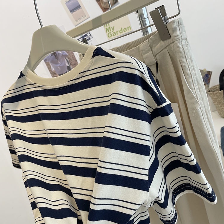 Áo Thun Tay Ngắn Dáng Rộng Thêu Họa Tiết Kẻ Sọc Đơn Giản Thời Trang Mùa Hè Phong Cách Hàn Quốc Mới Cho Nữ