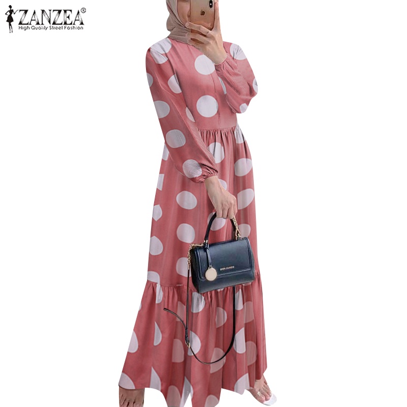 Zanzea Đầm Tay Dài Xếp Tầng Họa Tiết Chấm Bi Phong Cách Retro Thanh Lịch Dành Cho Phụ Nữ Hồi Giáo