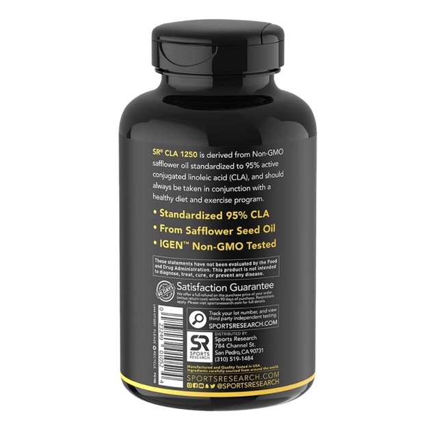 Viên uống hỗ trợ kiểm soát cân nặng và tăng cơ Sports research Max Potency CLA 1250 Linoleic Acid 90/180viên USA