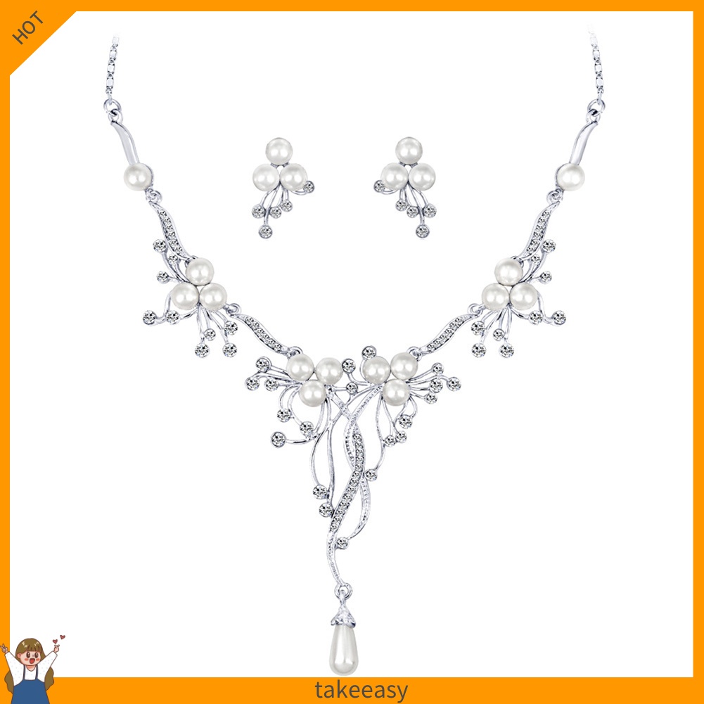 Bộ Vòng cổ + Bông Tai Đính Đá &amp; Ngọc Trai Giả Hình Hoa Cho Nữ