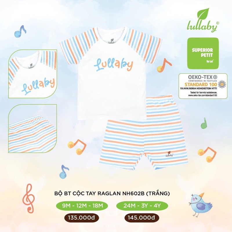LULLABY-Bộ quần áo cộc tay Raglan bé trai 100% cotton  in hình ngộ nghĩnh