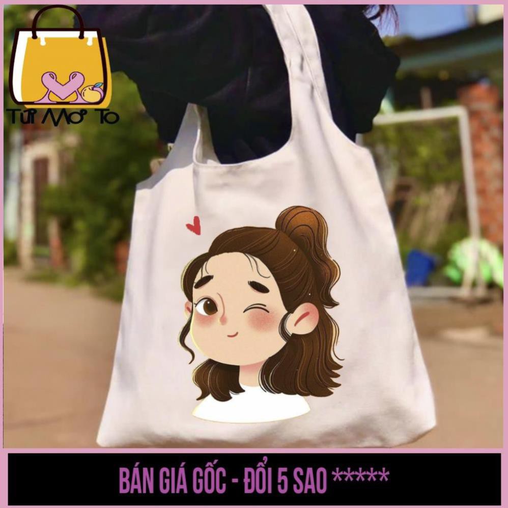 Túi tote, túi vải canvas Quai TRÒN, có khóa kéo in hình Cô Gái TÓC NGẮN - Túi Mơ Tro store