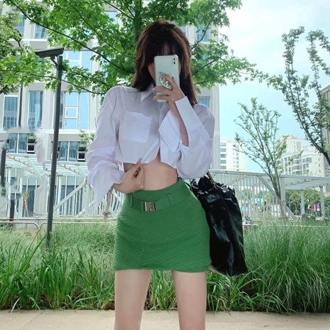 Set Áo Sơ Mi Trắng Tay Dài Hở Eo + Chân Váy Ngắn Lưng Cao Ôm Dáng Thời Trang Hàn Quốc Cho Nữ