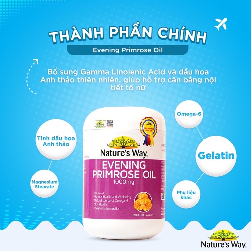 Viên Uống Hỗ Trợ Cân Bằng Nội Tiết Tố Nữ Nature's Way Evening Primrose Oil 200 Viên
