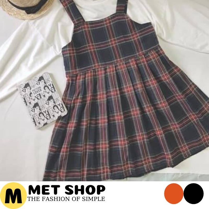 Sét yếm váy caro bản lớn Basic dáng xòe thời trang Ulzzang. Yếm babydoll KÈM AO trắng Vintage.Yếm