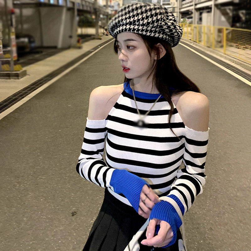 Áo Thun Dệt Kim Tay Dài Hở Vai Kẻ Sọc Màu Tương Phản Thời Trang Hàn Quốc Cho Nữ