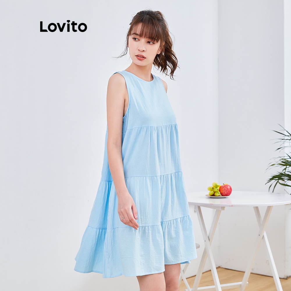 Đầm mini Lovito dáng chữ A không tay viền bèo xếp nếp cổ tròn màu trơn DRYOFSP1142 (màu xanh dương)