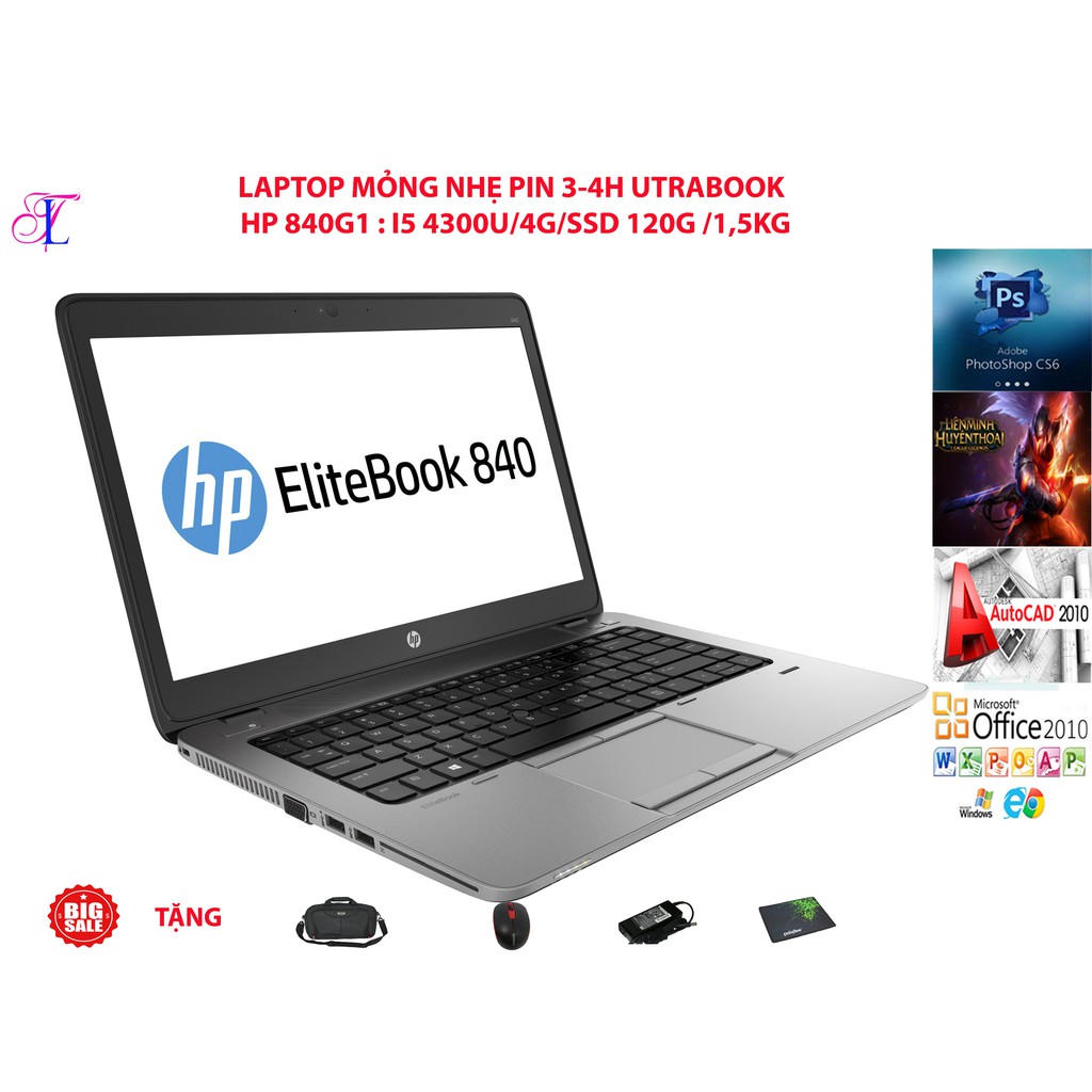 Siêu Phẩm Utrabook Mỏng Nhẹ cao cấp-HP EliteBook 840 G1 ( i5-4300U, ram 4GB, SSD 120GB, VGA on Intel HD 4400, màn 14″ HD