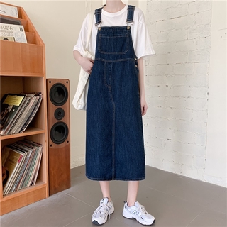 Yếm jeans dáng dài màu xanh đậm - váy yếm bò ulzzang