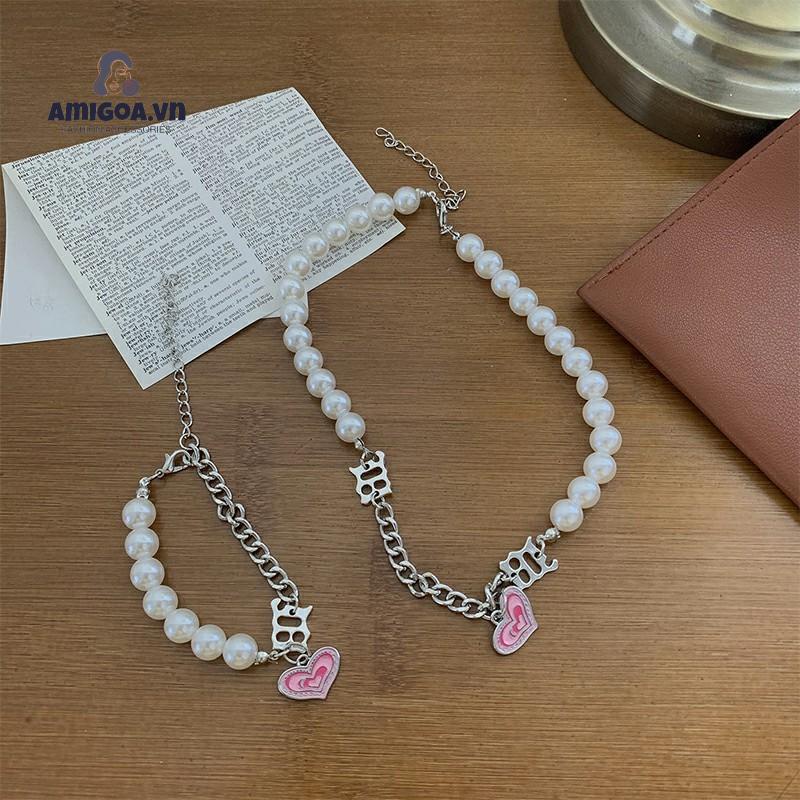 ✨✨Vòng Tay/Vòng Cổ Đính Hạt Ngọc Trai Trái Tim Màu Hồng Phong Cách Hàn Quốc Cổ Điển Thời Trang Cho Nữ