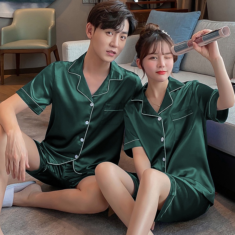 Bộ Đồ Ngủ Vải Lụa Satin Tay Ngắn Plus Size M-5XL Thời Trang Hàn Quốc Cho Nam Và Nữ