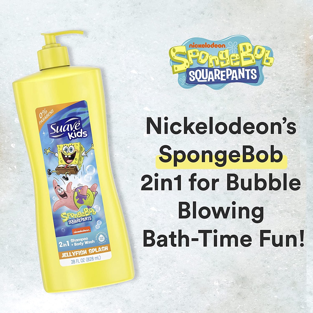 Sữa tắm &amp; dầu gội 2 trong 1 cho trẻ em Suave Kids 2in1 Shampoo &amp; Body Wash for Kids Nickelodeon Spongebob 828ml (Mỹ)