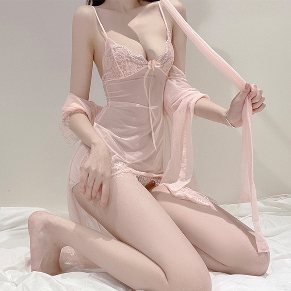 Váy ngủ sexy xuyên thấu kèm áo choàng gợi cảm cao cấp đầm 2 dây mặc nhà kèm quần lót lọt khe quyến rũ BIKI HOUSE N115