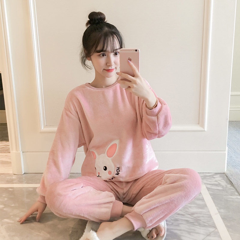 Bộ đồ ngủ vải nỉ dày dặn dáng rộng phong cách Hàn Quốc thời trang thu đông nữ tính thanh lịch