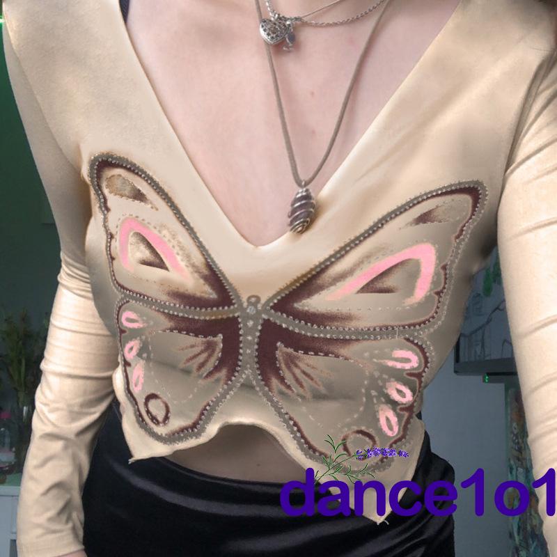 Áo croptop tay dài cổ chữ V đính đá hình bướm thời trang cho nữ