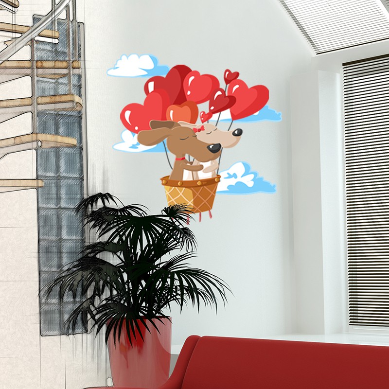 Set Decal Dán Tường Trang Trí Phòng Khách, Phòng Ngủ, Dán Cửa Kính | Decal Chủ Đề Cặp Đôi Chó Cute