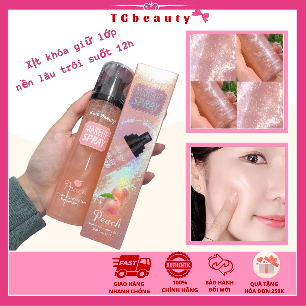 Xịt khóa nền có nhũ, Giữ Lớp Makeup sau 12h không trôi Kiss Beauty Spray  Peach