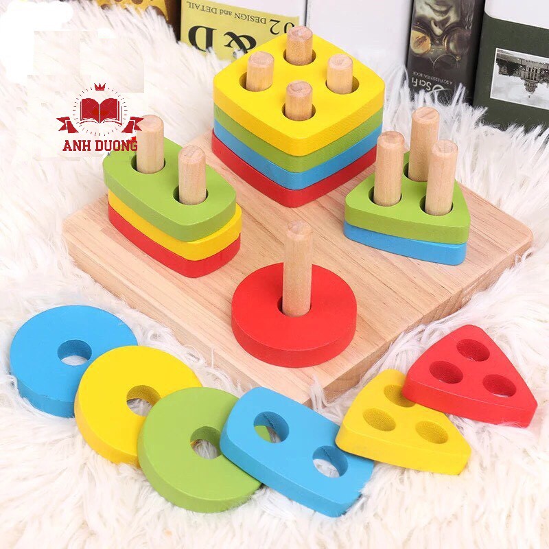 Bộ thả hình khối 4 cọc trụ bằng gỗ, đồ chơi trí tuệ cho bé học hình khối, học màu sắc-Combo