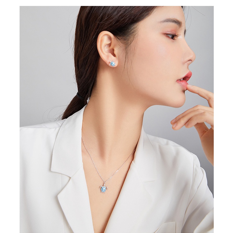 Trang sức BAMOER ZHS227 gồm vòng cổ/ khuyên tai bạc 925 kiểu rùa đính đá thời trang