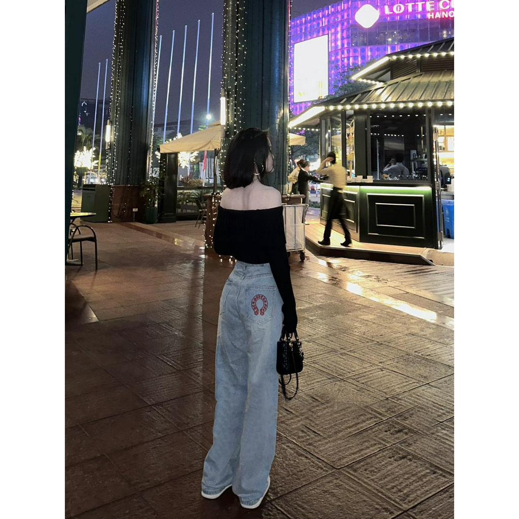 [ORDM3713]QUẦN JEANS ỐNG RỘNG NỮ LƯNG CAO THÊU CHỮ C ĐỎ TÚI ĐỒNG HỒ KÈM TÚI SAU MÀU XANH LAI CUỐN TÔN DÁNG BỤI BẶM CỰC H