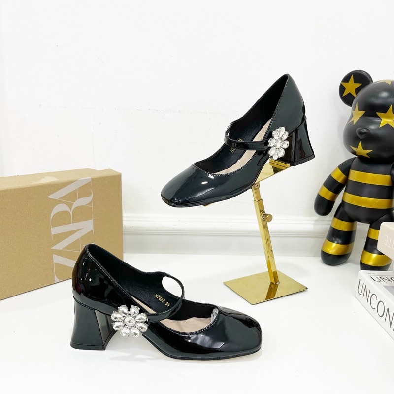 Giày cao gót quai hoa đá ngang gót trụ fullbox