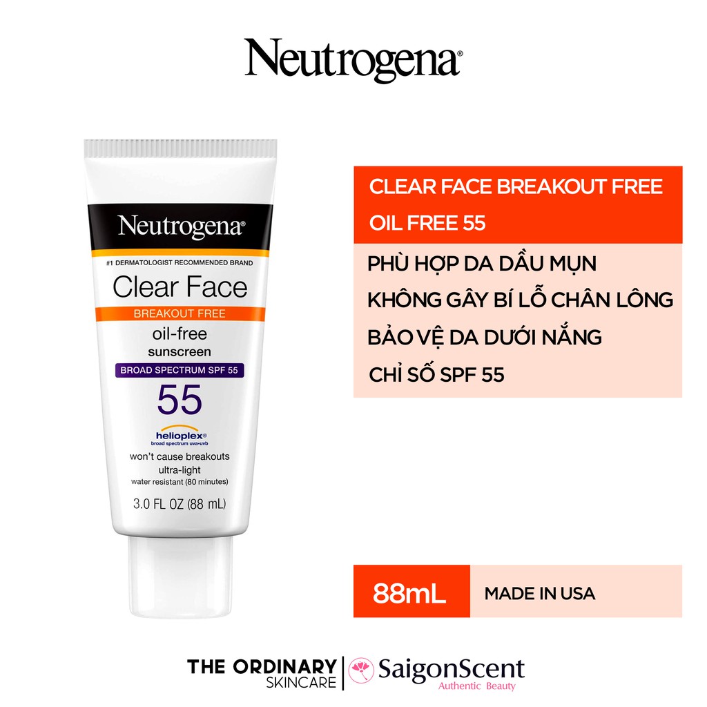 Kem chống nắng da mụn Neutrogena Clear Face Break-Out Free Liquid Lotion SPF 55 ( 88mL )