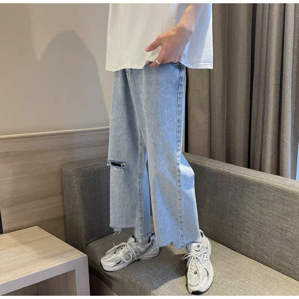 Quần Baggy Nam Nữ Rách Gấu+Rách Gối Cách Tân Cực Hot- Phong Cách Hàn Quốc JSRGG Màu Xanh
