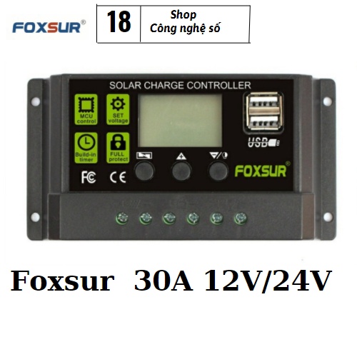 Điều khiển sạc pin năng lượng mặt trời Foxsur 30A 12V/24V Solar Charge Controller tự động nhận dạng, bảo vệ mạch