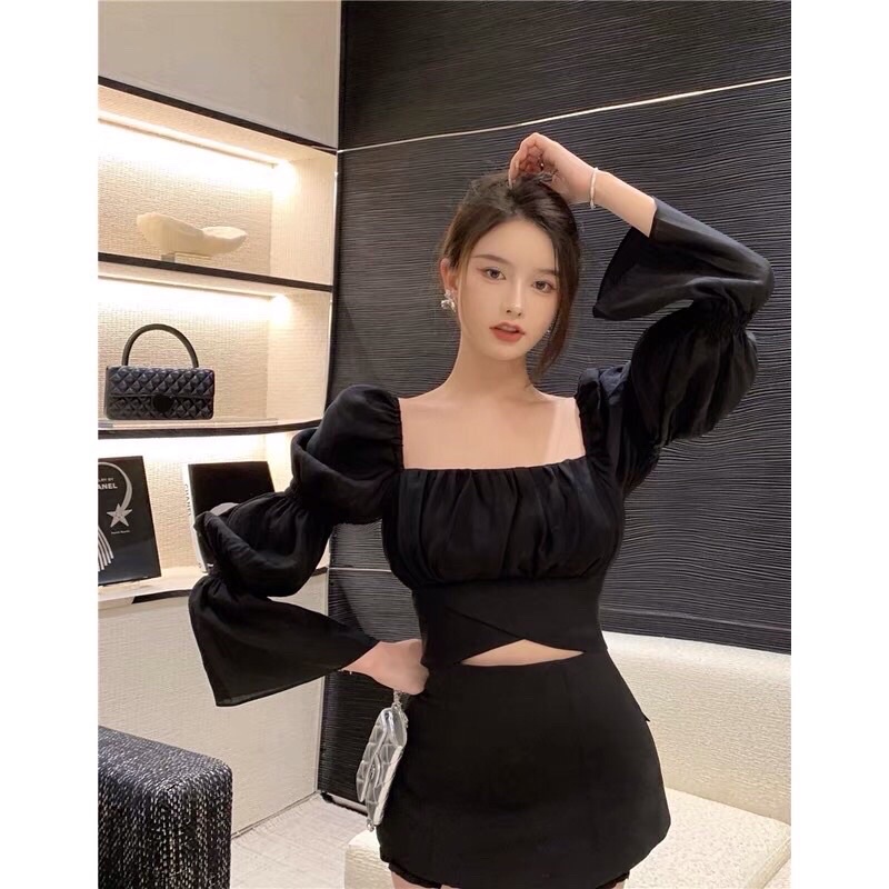 Hàng mới Áo Croptop Voan Cổ Vuông Tay Phồng Dài Thăt Nơ Eo Tiểu Thư Siêu Bánh Bèo