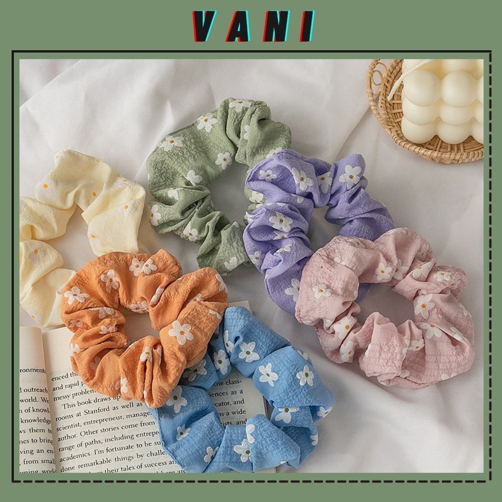 [Mã FAXANH245 giảm 10K đơn 50K] Cột Tóc Scrunchies Vải Linen Họa Tiết Hoa 5 Cánh Thời Trang - Vani Store