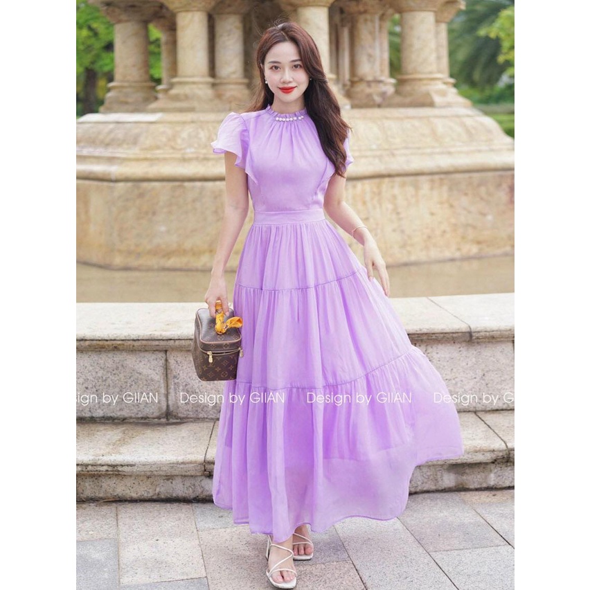 Đầm Váy Nữ Maxi Chất Voan Chingfon 2 Lớp Tay Bèo Cổ Đính Chuỗi Hạt Cườm Thiết Kế Sang Chảnh Đi Làm Công Sở, Đi Chơi