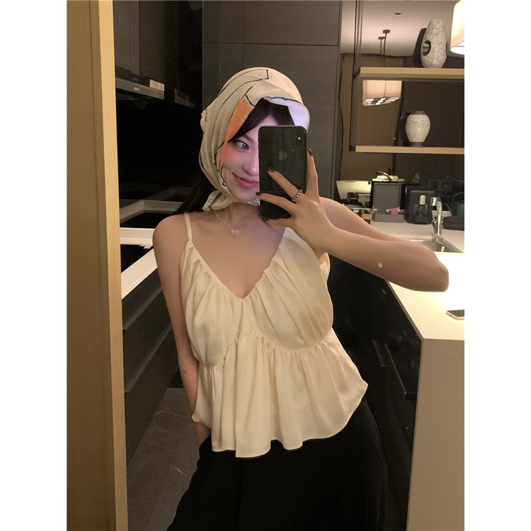 Áo Hai Dây Cổ Chữ V Dáng Rộng Xếp Ly Quyến Rũ Dễ Phối Đồ Phong Cách Hàn Quốc