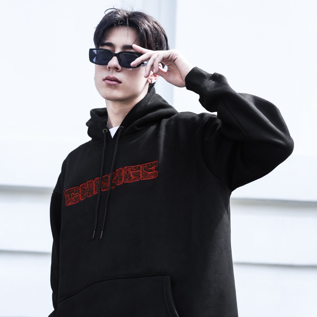 Áo Hoodie Thêu Chữ Change-Họa Tiết Bandana Màu Đen Chất Liệu Vải Nỉ Bông Cotton