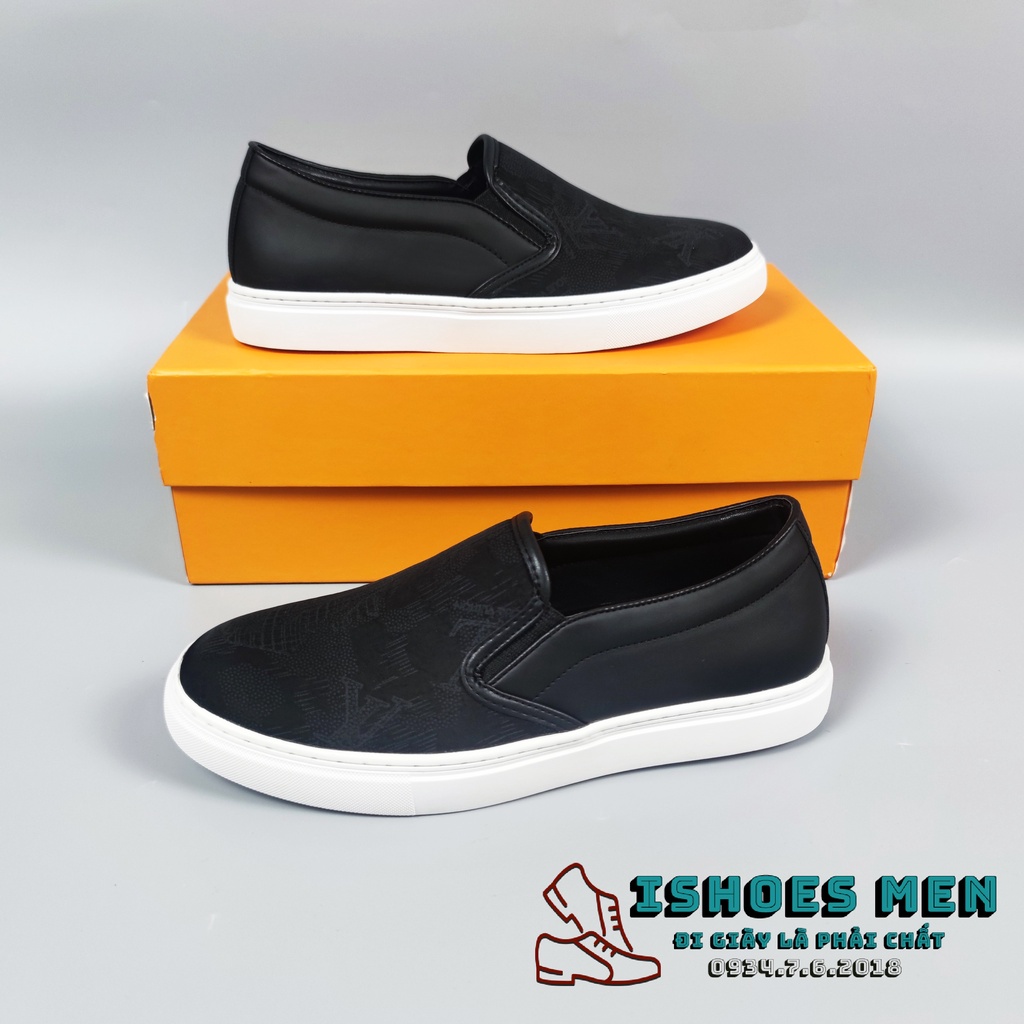 Giày Slip On LV Nam Thời Trang Mặt Lụa Đen Họa Tiết Trẻ trung Đế Kếp Khâu Chắc Chắn Chuẩn Phom Cao Cấp Full Box