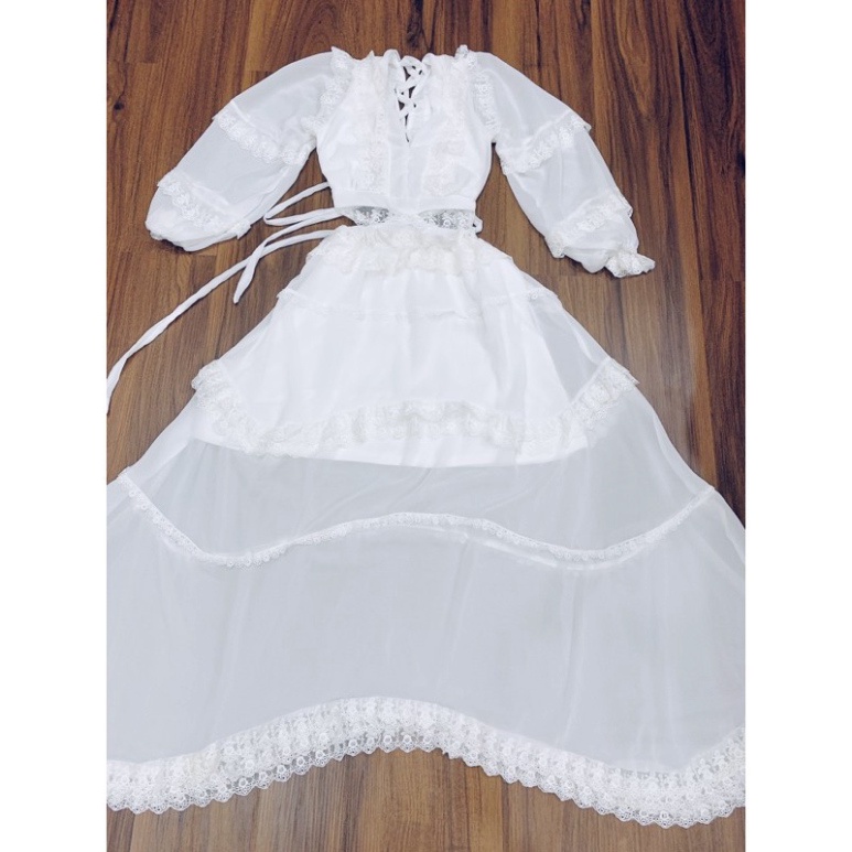 Đầm maxi đi biển trắng phối ren đan lưng - PYENSTORE