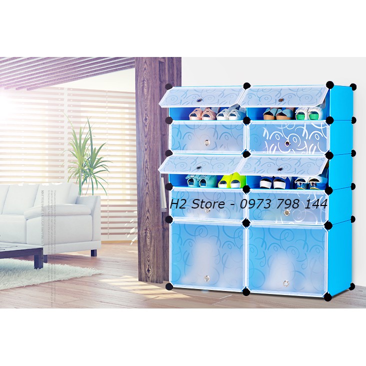 [SỈ BẰNG LẺ] - TỦ NHỰA LẮP GHÉP ĐỂ GIÀY DÉP ĐA NĂNG 2 Ô TO + 8 Ô NHỎ MÀU XANH DƯƠNG CỬA TRẮNG TRONG SIZE TO