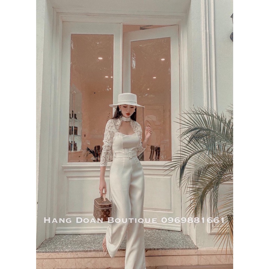 Jumpsuit liền Áo dài tay phối ren khoét Quần suông dài kèm đai lưng tôn dáng, thiết kế sang chảnh quyến rũ