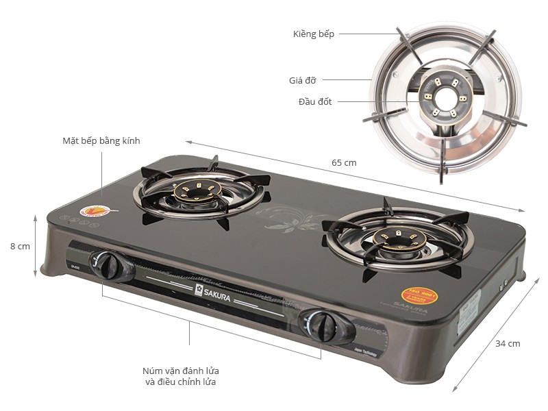 Bếp gas đôi Sakura SA-650G MỚI + Tặng gas - Mặt bếp bằng kính cường lực, chịu nhiệt tốt, ít bám bẩn