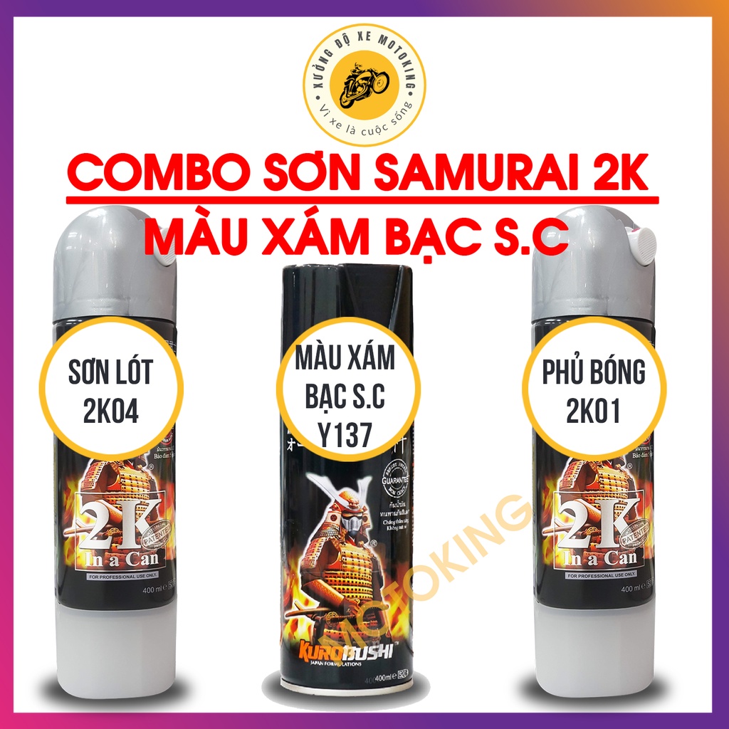 Combo Sơn xịt Samurai màu Xám Bạc Y137 loại 2k chuẩn quy trình độ bền màu 5 năm gồm 3 chai 2K04 - Y137 - 2K01