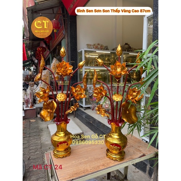 Hoa Sen Gỗ Mít Sơn Son Thếp Vàng Cao 87cm