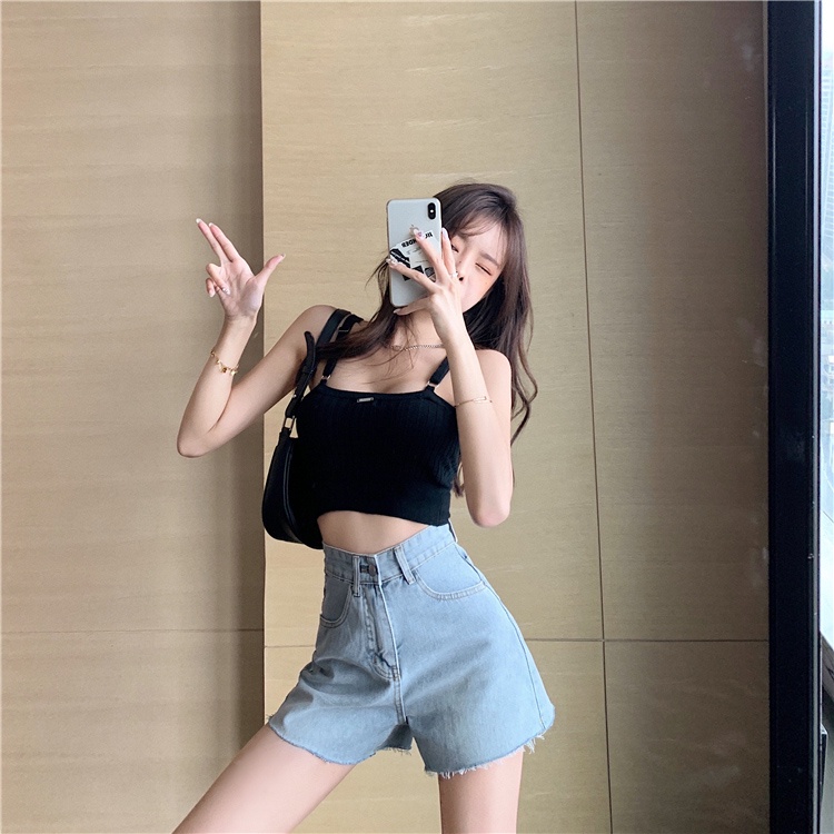 Quần Short Denim Lưng Cao Ống Rộng Theo Phong Cách Retro Hàn Quốc