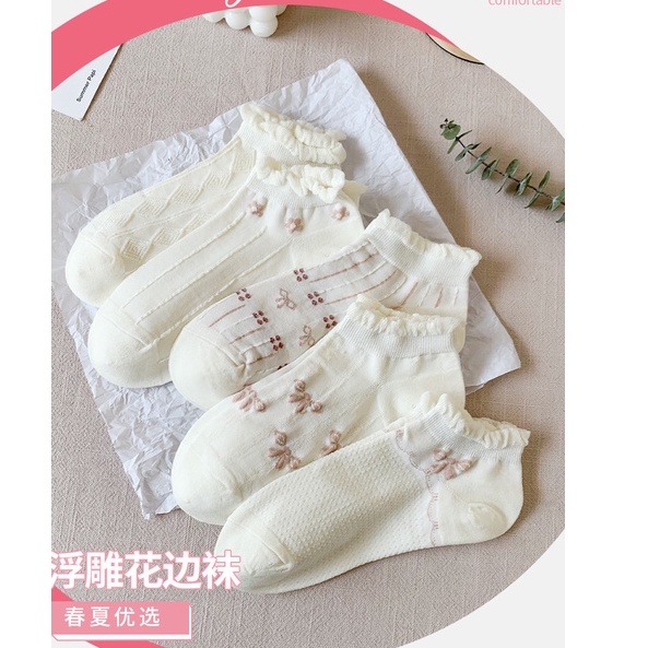 Vớ tất cổ ngắn trắng kem Lolita xoăn icon nơ nâu