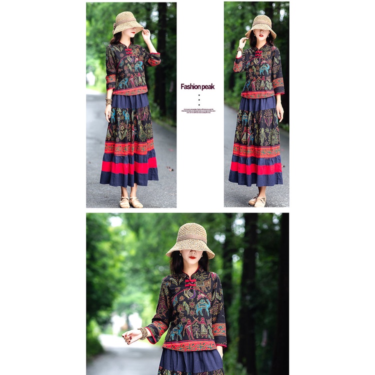 Bộ Áo Cotton Lanh Dài Tay + Chân Váy Phong Cách Hanfu Trung Hoa Cổ Điển Dành Cho Nữ