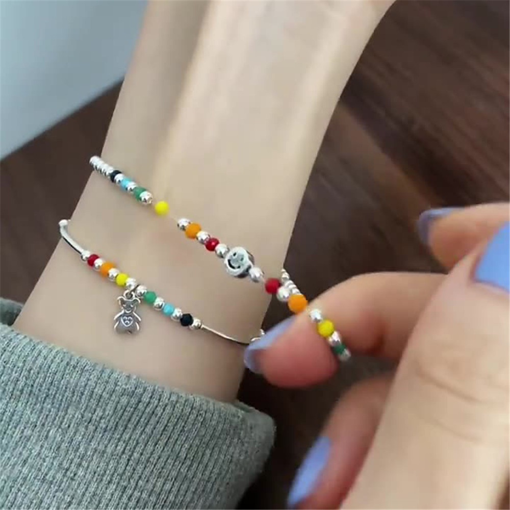 Vòng Tay Co Giãn Xỏ Hạt Nhiều Màu Sắc Họa Tiết Gấu Mặt Cười Thời Trang