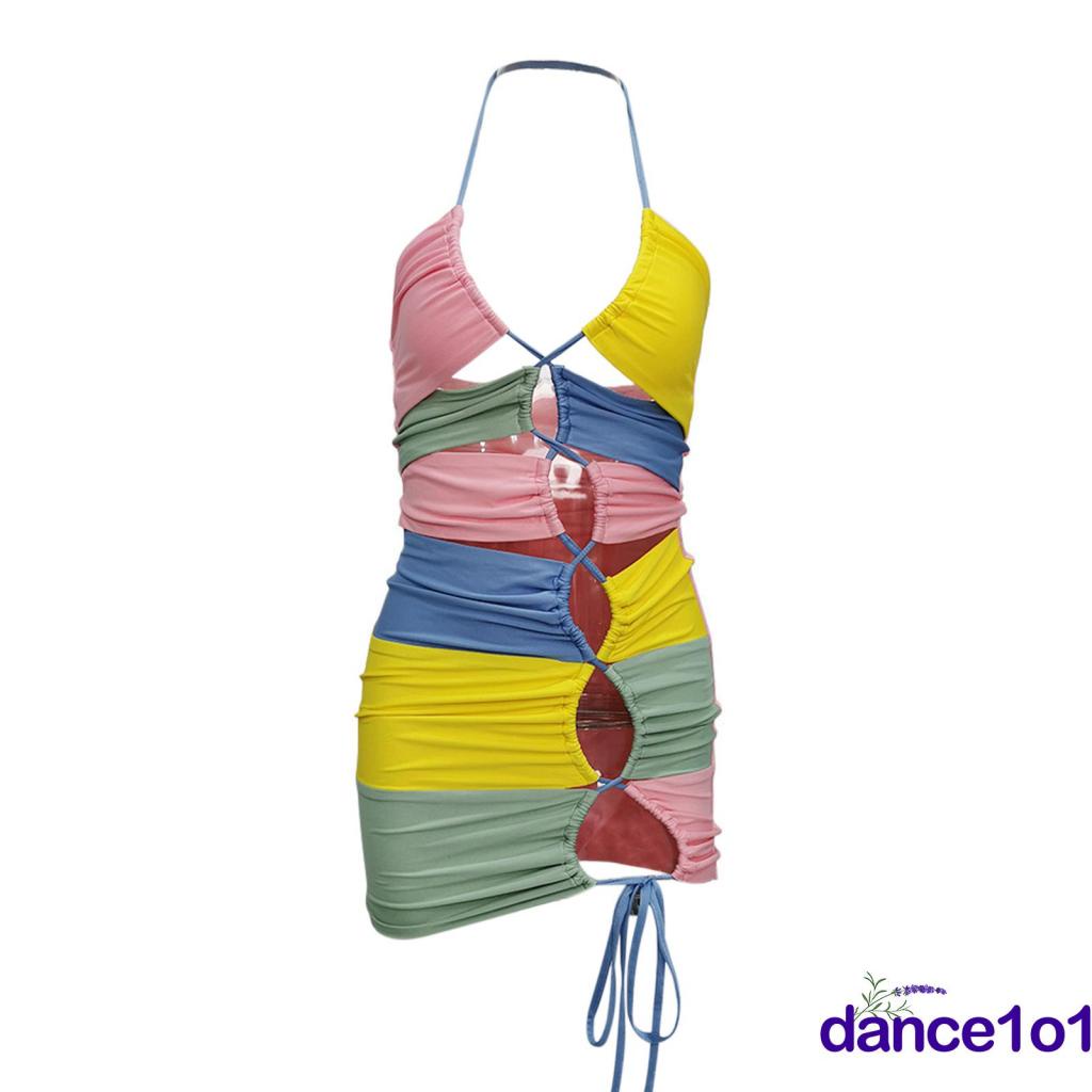 Đầm Ngắn Cổ Yếm Màu Sắc Tương Phản Thời Trang Cho Nữ 1O1