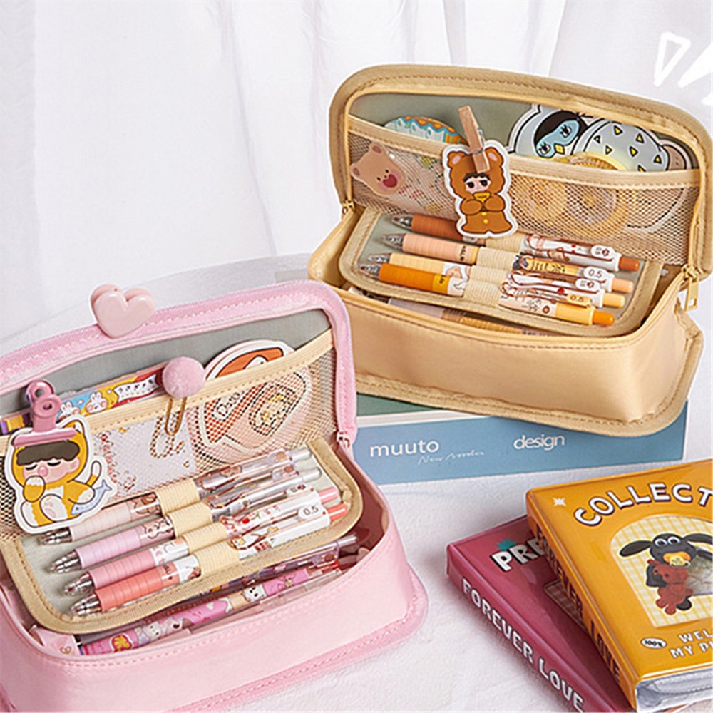 Cod Qipin Túi Đựng Bút Chì Mỹ Phẩm Để Bàn Nắp Lật Hai Ngăn Hình Chữ Nhật Màu Kẹo Đơn Giản INS Dành Cho Bạn Nữ