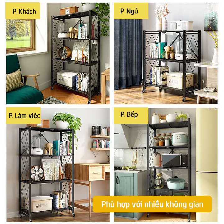 Kệ để đồ đa năng gấp gọn, kệ bếp khung thép có bánh xe, để hồ sơ văn phòng 3 4 5 tầng