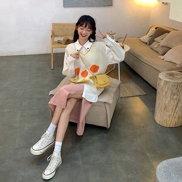 (MỚI) Áo len không tay cổ chữ V form rộng theo phong cách retro Hàn Quốc