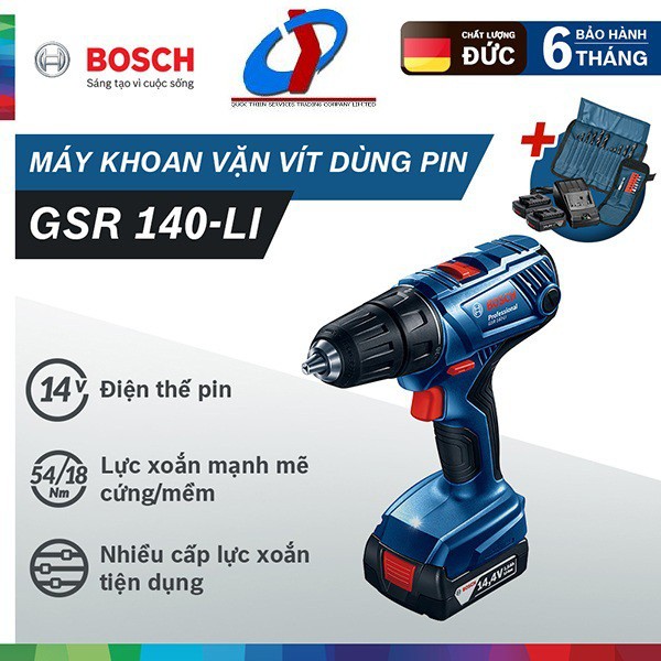 [ KÈM PHỤ KIỆN ] Máy khoan vặn vít dùng pin Bosch GSR 140-LI